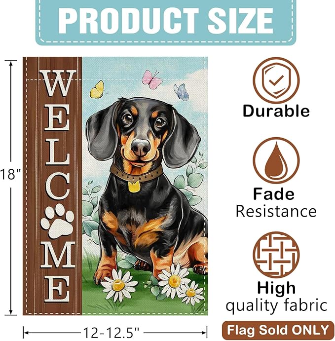 Dyrenson Welcome Dachshund Dog Decorative Garden Flag, Paw Prints Yard Outside Home Decoration Pet Owner Lover Gift, Spring Summer Burlap Outdoor Small Decor Double Sided 12 x 18