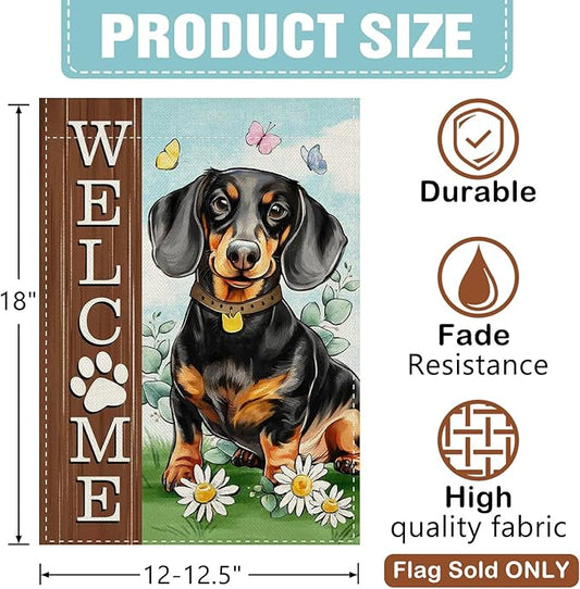 Dyrenson Welcome Dachshund Dog Decorative Garden Flag, Paw Prints Yard Outside Home Decoration Pet Owner Lover Gift, Spring Summer Burlap Outdoor Small Decor Double Sided 12 x 18