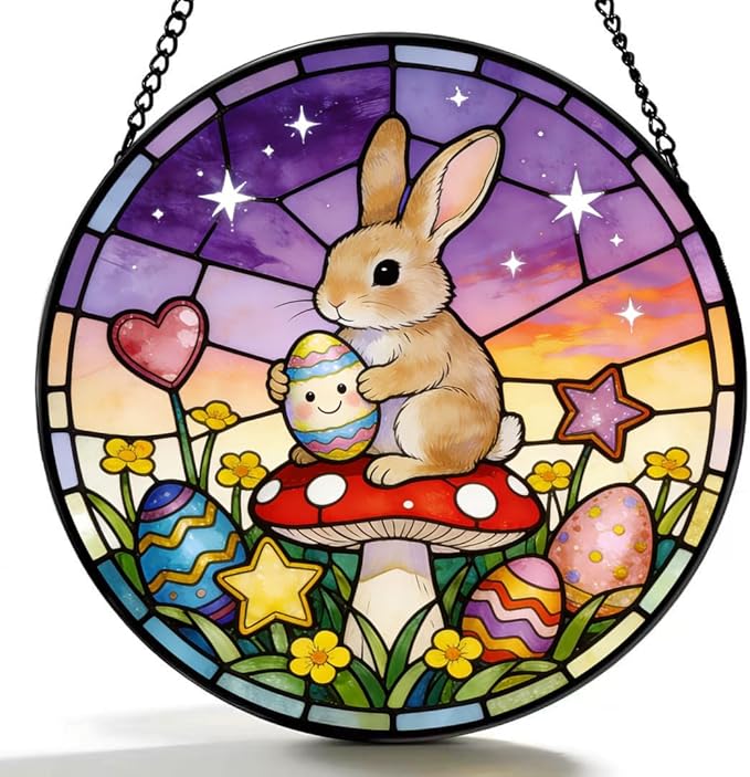 Funoasis Bunny Stained Glass Suncatcher - 6.3 Inches Easter Egg Rabbit and Mushroom Hanging Window Ornaments for Home Spring Decoration