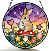 Funoasis Bunny Stained Glass Suncatcher - 6.3 Inches Easter Egg Rabbit and Mushroom Hanging Window Ornaments for Home Spring Decoration