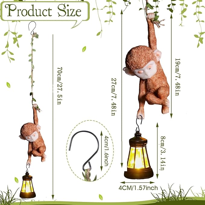 Solar Powered Hanging Monkey Figurine with LED Lantern Resin Climbing Baby Chimpanzee Vine Statue for Garden, Yard, Wall Decor – Waterproof, Durable & Adorable Outdoor Solar Light