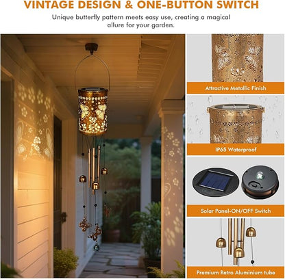 Solar Wind Chimes for Outside - Retro Metal Hanging Solar Lantern for Garden, Patio Decor, IP65 Waterproof Solar Powered Light - Perfect Birthday, Mothers Day Gift for Women(Butterfly)