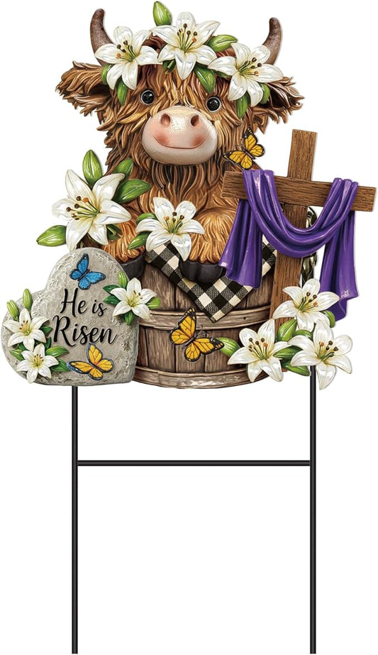 Amyhill Easter Outdoor Decor Highland Cow Metal Garden Stakes Decorative He is Risen Highland Cow Yard Signs with Stakes Cattle Lily Yard Sign for Easter Christian Holiday Garden Lawn Decor