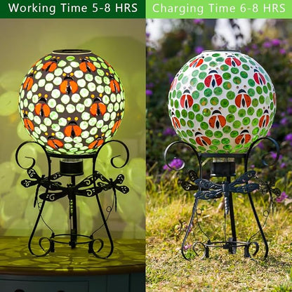 Stargarden Solar Gazing Ball, 10”Glass Gazing Globe, Mosaic Gazing Balls with Metal Ball Stand for Patio, Lawn, Garden Decor(Ladybug)