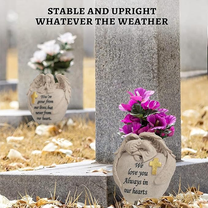 Angel and Cross Cemetery Cemetery Memorial Vase, Cemetery Flower Grave,2-Piece Angel Cemetery vase with Iron Spikes,Garden Decoration， Memorial Gift for Lost Love (3 Granite)