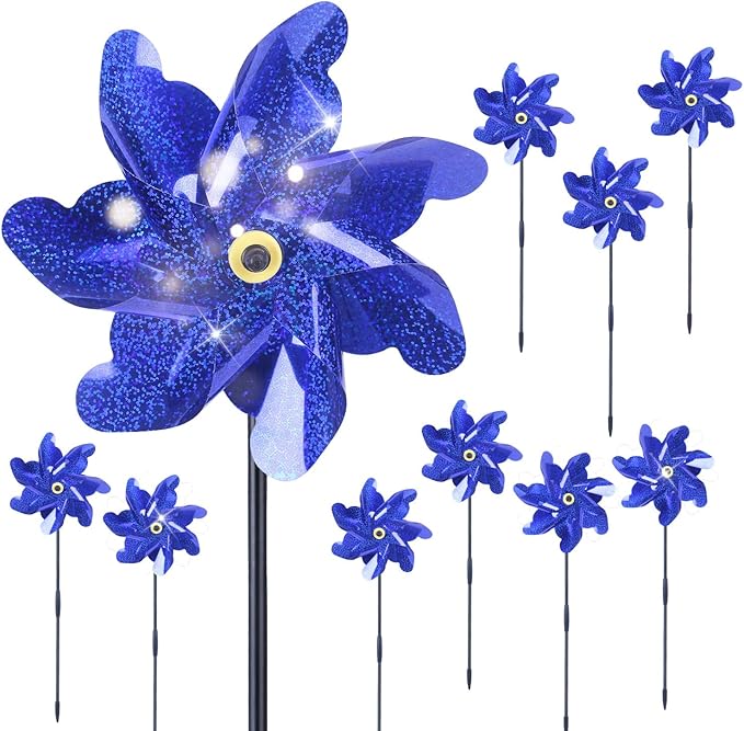 BATTIFE Reflective Pinwheels for Yard and Garden, Pre-Installed Sparkly Blind Birds Pin Wheel, Scare Birds & Animal Away Wind Spinner, 10 Pack (Blue)