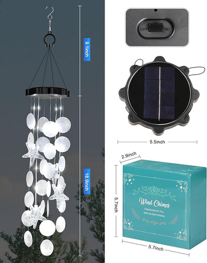 Solar Wind Chimes Decorative Lights for Outside, Shells Gifts for Mom Grandma Women Wife Girls, Hanging Solar Light for Holiday Garden Yard Window (White)