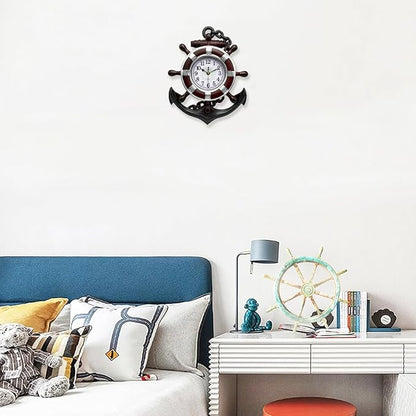 Anchor Outdoor Clock, Nautical Ship Wheel Rudder Wall Clock, Beach Sea Style Decorative Clock for Patio, Pool, Porch (Silver + Dark Red)