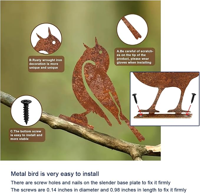 5PCS Rusty Metal Birds Decoration, Outdoor Fence Yard Decor, Metal Bird Art, Fence Decorations Outdoor, Rustic Garden Decor, Garden Sculptures Statues, Lawn Ornaments (Wren)