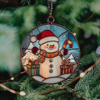 Cute Snowman Giving Presents Mosaic Acrylic Suncatcher Stained Glass Effect Window Car Hanging Christmas Ornament Indoor Outdoor Decor Garden Sun Catcher Panel for Women Mom Grandma