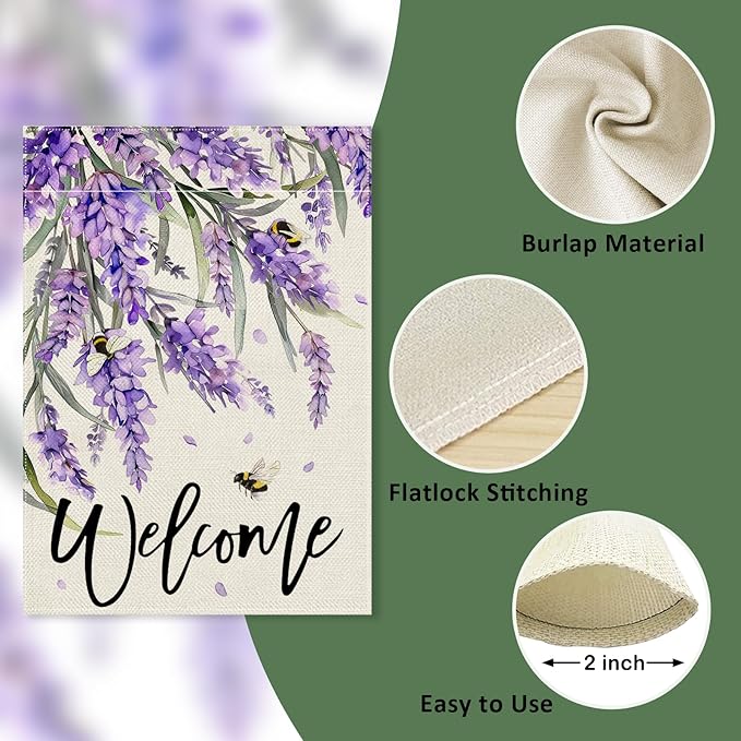 Welcome Spring Lavender Decorative Garden Flag, Purple Floral Flowers Bee Yard Outside Decorations, Summer Farmhouse Outdoor Small Home Decor Double Sided 12 x 18
