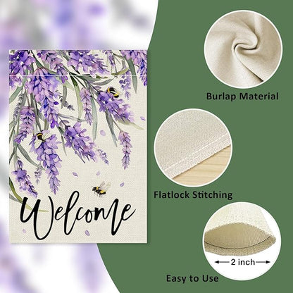 Welcome Spring Lavender Decorative Garden Flag, Purple Floral Flowers Bee Yard Outside Decorations, Summer Farmhouse Outdoor Small Home Decor Double Sided 12 x 18
