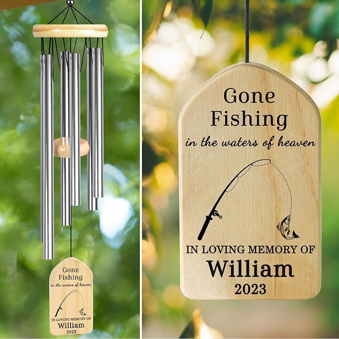 Memorial Wind Chimes - Gone Fishing in Heaven Memorial Gifts - Sympathy Gift for Loss of Father, Husband, Brother, Fisherman, Papa, Grandpa - in Memory of Fishing Lover