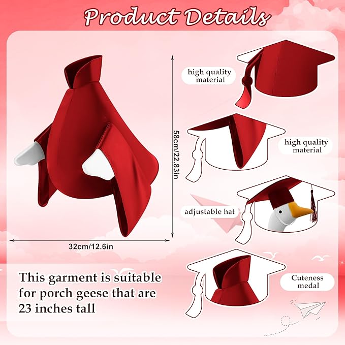 Graduation Goose Outfit for 23'' High Cement Goose Statue, Lawn Porch Clothes Cute Grad Yard Statue Outfit for Patio Outdoor Garden Decoration (Red)