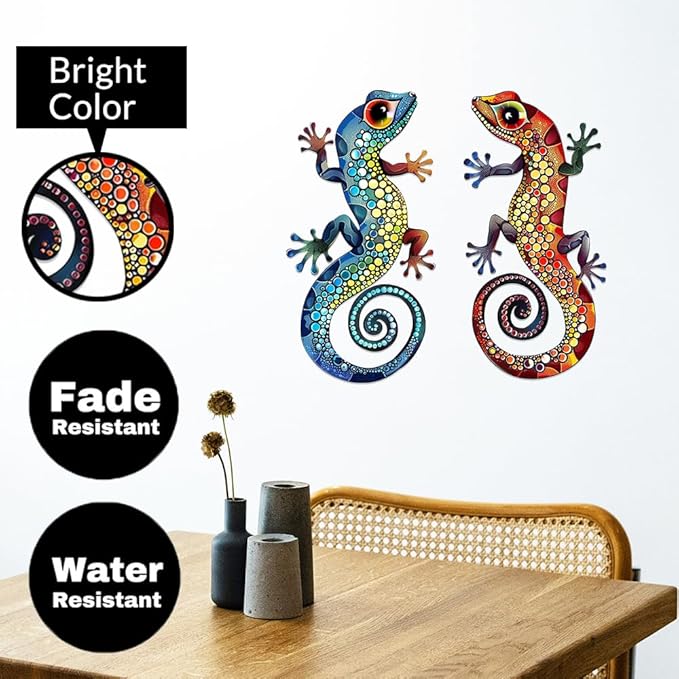 2Pcs Gecko Metal Sign Wall Art Indoor Outdoor Decor,Set of 2 Geckos Ornament Silhouette Bedroom Hanging Gifts for Birthday Housewarming,Lizard Decorate for Balcony Fence Garden Yard Patio Farmhouse