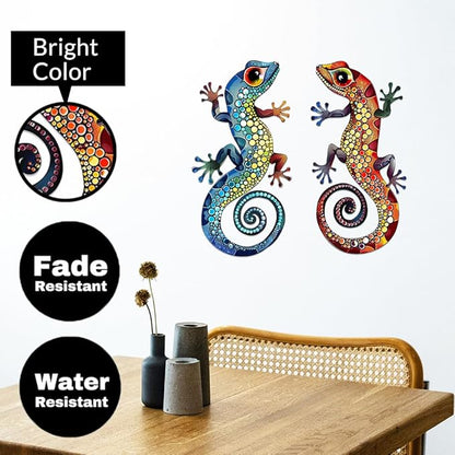 2Pcs Gecko Metal Sign Wall Art Indoor Outdoor Decor,Set of 2 Geckos Ornament Silhouette Bedroom Hanging Gifts for Birthday Housewarming,Lizard Decorate for Balcony Fence Garden Yard Patio Farmhouse