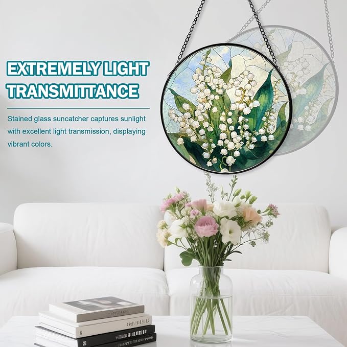 Lily of The Valley Flower Stained Glass Window Hanging, Suncatcher Diamond Glass Panel Hangings, Sun Catchers Indoor Windows Wall Art, Gift for Mom Grandma, Christmas Decor for Home Office 7.87 inches