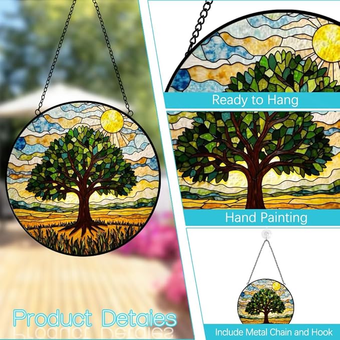 Stained Glass Window Hanging - 8″ Tree of Life Sun Catchers Indoor Window - Suncatcher for Door Home Garden Decor Glass Panel Window Art Ornament - Mothers Day Birthday Gifts for Women Men Mom Grandma