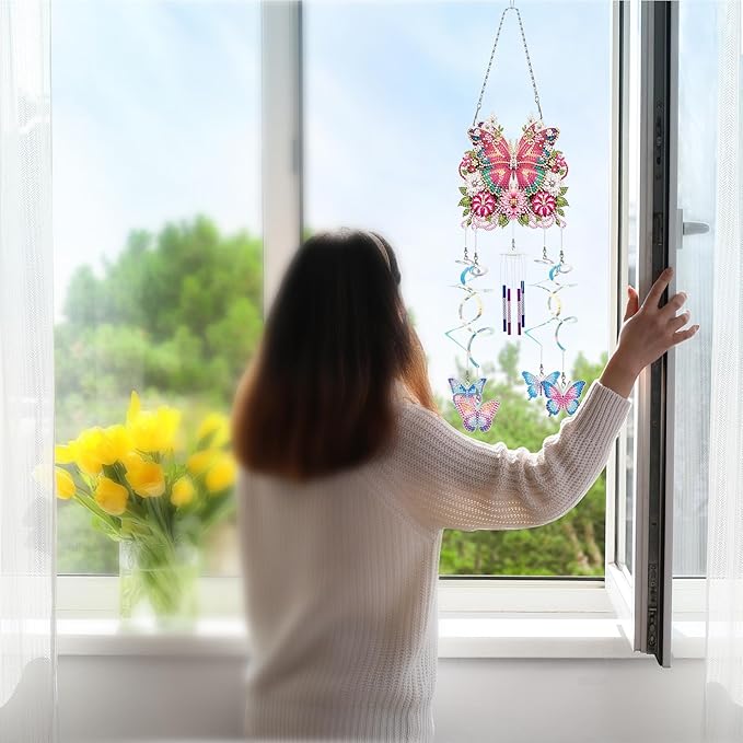 DIY Wind Chime Pendant Spring 3D Diamond Art Painting Hanging Ornament Double Sided Diamond Suncatchers for Window Home Backyard Garden Wall Door Decor-Butterfly02