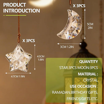 6pcs Clear Crystal Star and Half Moon Prisms Ornaments Faceted Glass Hanging Ornaments for Home Garden Window Wedding Party Decor