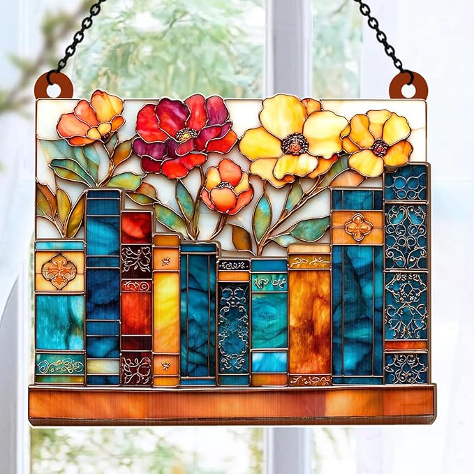 Jesuspirit - Window Hanging Suncatcher – Crystal Clear Acrylic & Wood Sun Catcher for Home Decor, for Women (The Floral Library, 8 Inches)