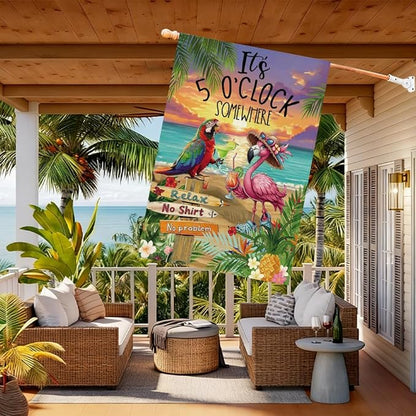 Baccessor Summer House Flag 28 x 40 Inch, Flamingo Its 5 O'Clock SOMEWHERE Double Sided Burlap Welcome Large Yard Flag Seasonal Holiday Lawn Proch Outdoor Outside Decor
