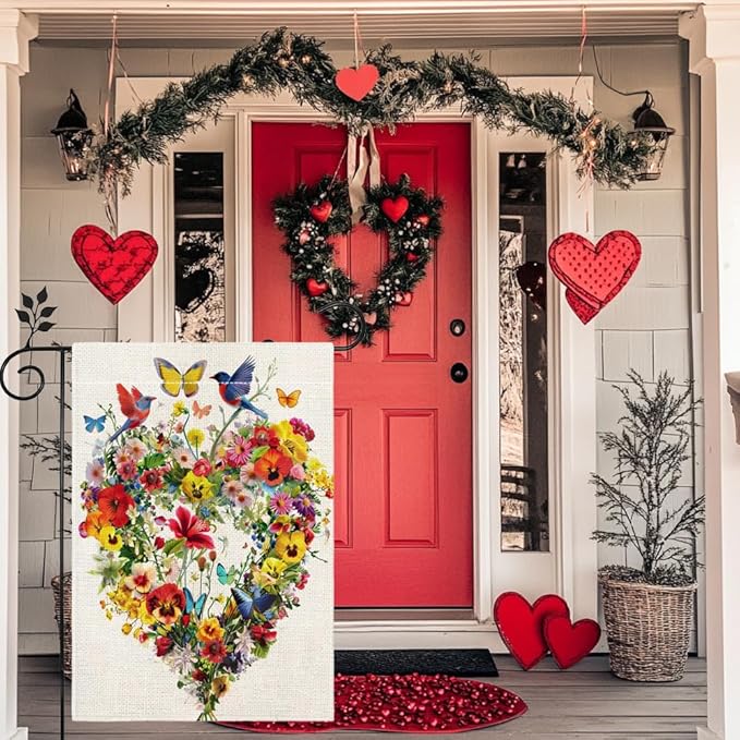 Spring Summer Birds Flowers Butterflies Garden Flag for Outside, Colorful Floral Love Hearts Outdoor Yard Flag 12x18 Inch Double Sided Burlap