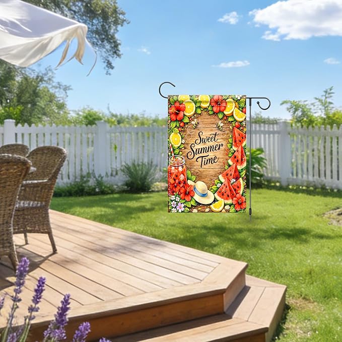 Nuxovilar Summer Garden Flag Sweet Summer Time Lemon Watermelon Flower Pattern Polyester 12x18 Inches Garden Flags for Outside Seasonal Decor Yard Porch Lawn