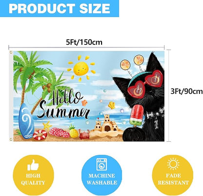 SENSEVEN Black Cat Summer Flags for Outside 3x5 Ft, Coconut Tree Popsicle Seasonal Yard Flag, Cute Kitten Beach Coastal Flag Hello Summer Welcome Outdoor Banner for Porch Farmhouse Decor