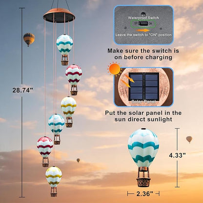 Topstor Hot Air Balloon Solar Wind Chimes for Outside - Outdoor Hanging Decor Gifts for Women Mom Grandma (Wavy)