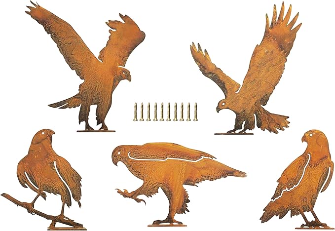 Rusty Birds Decoration (5-Piece Set) – Rusty Birds Fence Decorations Outdoor, Metal Eagle Garden Decor for Patio, Rustic Retro Style, Unique Outdoor Bird Decor,Premium Garden Decor Gifts