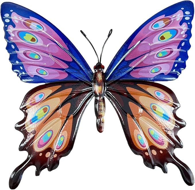 Butterfly Metal Garden Wall Decor 14 in x 12 in, Butterfly Garden Statue - Outdoor Wall Decor for Home, Office, Yard, Patio, Deck, Lawn, Swimming Pool (Blue)