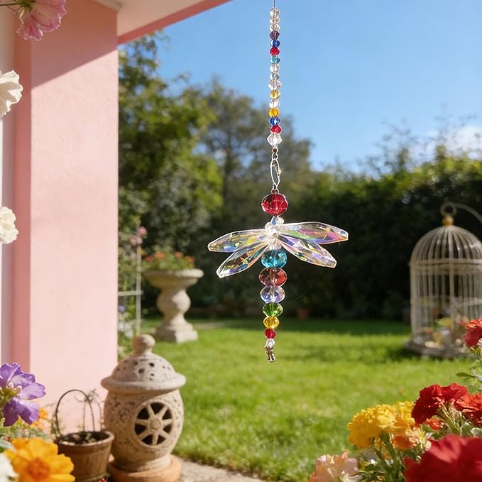 8" Hanging Dragonfly Pendant Chandelier Crystal Ball Prisms Rainbow Beads Chakra Suncatcher Home Windows Decor Ornament for Christmas Tree