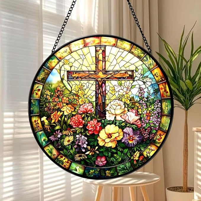 Funoasis Stained Glass Window Hanging 6.3 Inches Suncatcher - The Religious Atmosphere Imbued with A Pastoral Style Ornaments Sun Catcher Home Decor Women Birthday