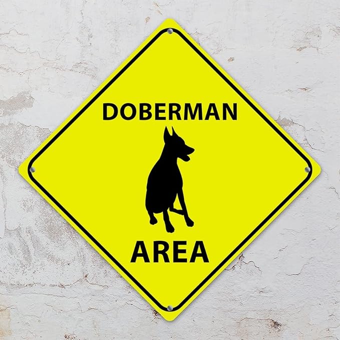 Warning Doberman Area Aluminum Metal Sign Doberman Dog Caution Crossing Xing Street Sign Yellow Diamond Shape Funny Metal Sign For Indoor Outdoor 10x10in