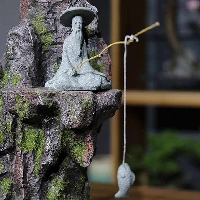 DOITOOL 2Pcs Mini Fisherman Figurines, Chinese Sitting Fishing Garden Statue, Sandstone Bonsai Fisherman Figurines for Micro Landscape Pot Aquarium Fairy Garden Decorations