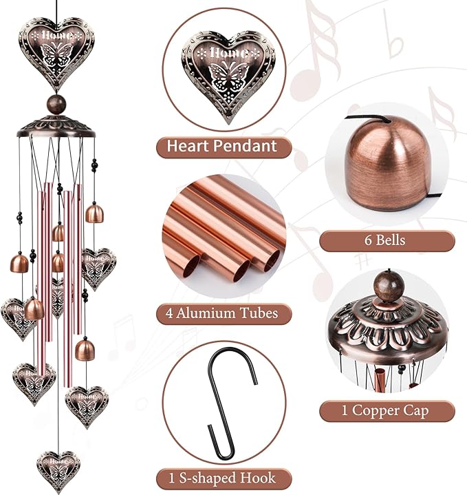 Outdoor Heart-Shaped Wind Chimes, Romantic Valentine's Day Decor with 4 Heart Pendants and Bells, Valentines Day Gifts, Decorative Copper Windchimes, Birthday Gifts for Her, Mom, Grandma