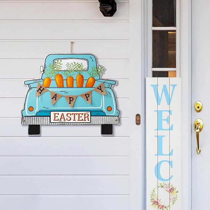 Glitzhome 26"H Easter Metal Truck Yard Stake Standing Lawn Garden Patio Outdoor Sign Wall Decor