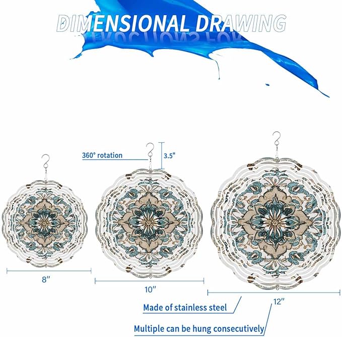 Boho Wind Spinner 8 Inch Retro Blue Floral Vintage Flower Wind Spinners Outdoor 3D Stainless Steel Hanging Sculpture Decorations Gift for Garden Yard Porch Balcony