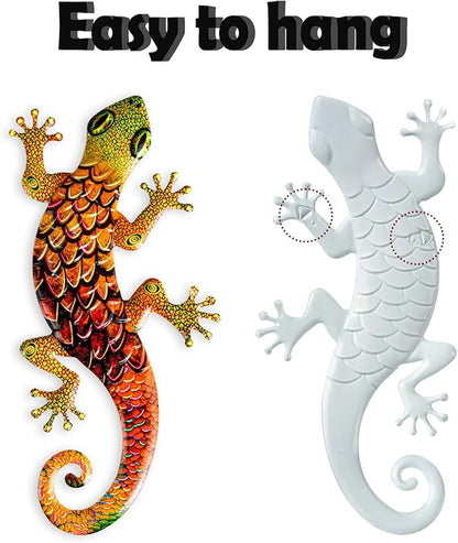 Pipilily 2 Pack Metal Gecko Wall Art, Metal Lizard Indoor Outdoor Hanging Sculpture Decor for Garden Yard Living Room Bedroom Patio Balcony (Style 3)