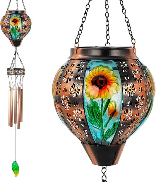 Solar Wind Chimes for Outside,Sunflower Hanging Wind Chime,LED Solar Lanterns Windchimes,Memorial Wind Chimes for Mom Women,Outdoor Wind Chime Deep Tone,Sunflower Windchime for Garden Yard