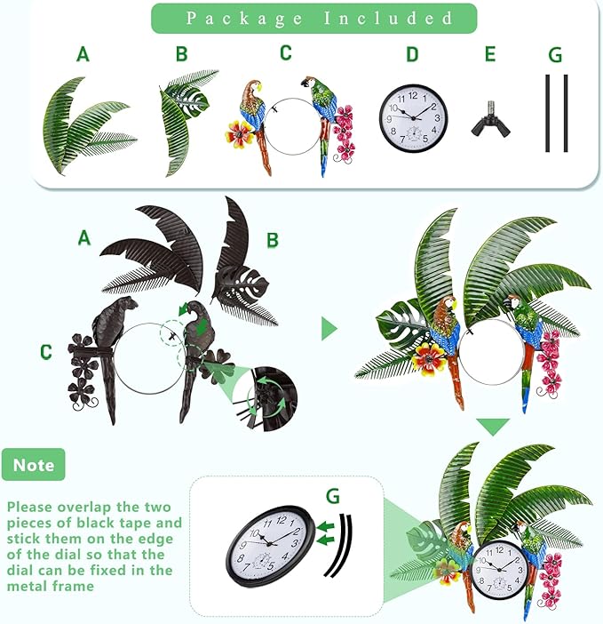 Outdoor Clock and Thermometer Combo, Parrot Outdoor Wall Clock Silent Non-Ticking, Outside Clock Metal Wall Art Decor for Patio, Garden, Home Decor