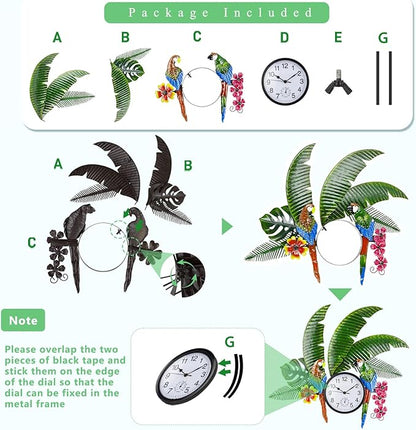 Outdoor Clock and Thermometer Combo, Parrot Outdoor Wall Clock Silent Non-Ticking, Outside Clock Metal Wall Art Decor for Patio, Garden, Home Decor