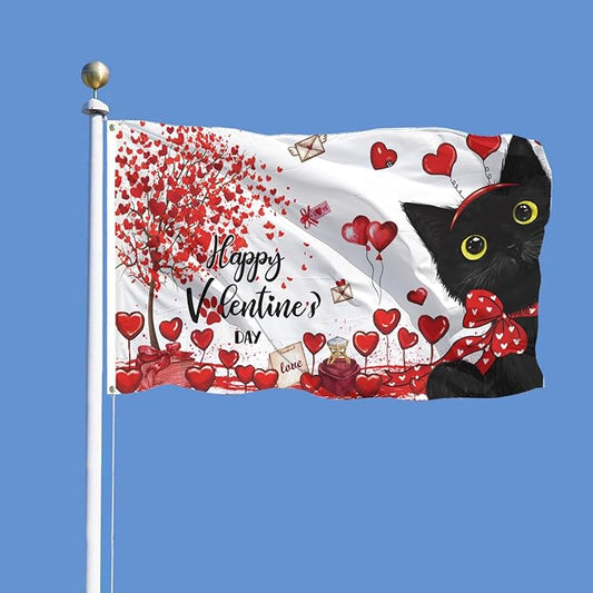 SENSEVEN Valentine's Black Cat Flags for Outside 3x5 Ft, Spring Wedding Flag, Couple Anniversary Yard Flag Spring Holiday Outdoor Banner for Porch Farmhouse Decor, Valentine's Party Supplies