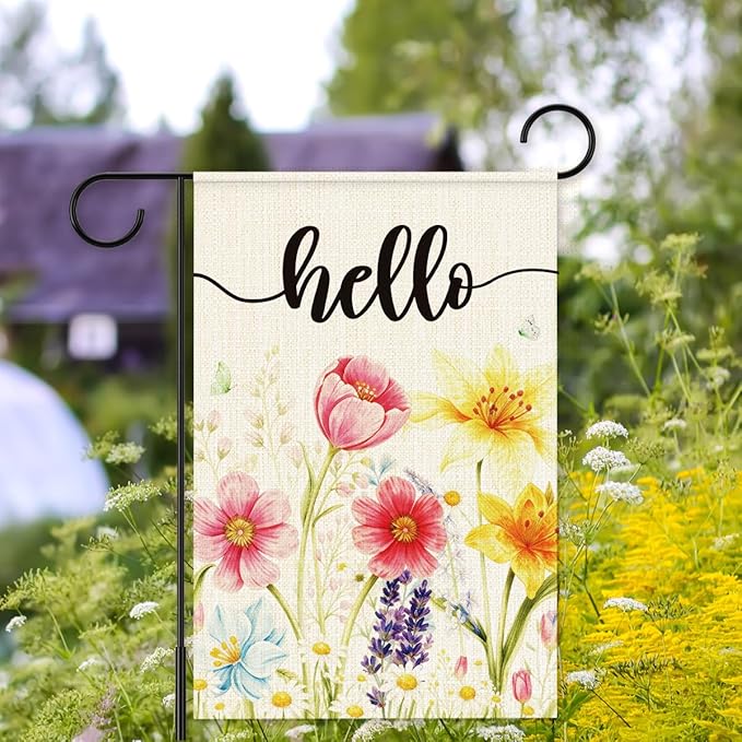Spring Flowers Garden Flag for Outside,Hello Spring Garden Flag Yard Lawn Porch Flags for Outdoor Decorations 12x18 Inch Double Sided