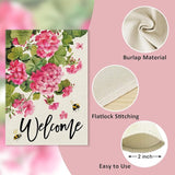 Welcome Spring Summer Geranium Decorative Garden Flag, Pink Floral Flowers Bees Yard Outside Decorations, Seasonal Burlap Outdoor Small Home Decor Double Sided 12 x 18