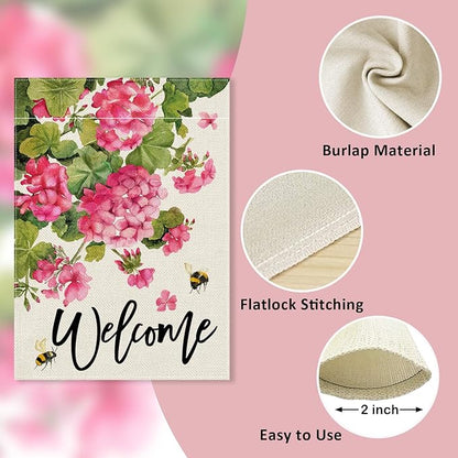 Welcome Spring Summer Geranium Decorative Garden Flag, Pink Floral Flowers Bees Yard Outside Decorations, Seasonal Burlap Outdoor Small Home Decor Double Sided 12 x 18