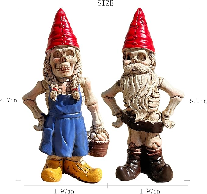 2PCS Male and Female Halloween Skeleton Gnome Couple Garden Statue Zombie Gnome Sculptures Resin Dwarf Figurines for Indoor Home Ornaments Outdoor Patio Yard Lawn Porch Decor