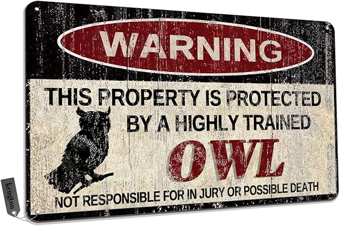 Vintage Owl Metal Sign Warning This Property is Protected by Highly Trained Owl Yard Sign Outdoor Home Wall Decor 12x8Inch