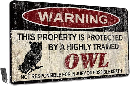 Vintage Owl Metal Sign Warning This Property is Protected by Highly Trained Owl Yard Sign Outdoor Home Wall Decor 12x8Inch